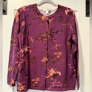 Christopher & Banks Plum Cardigan With Pink Floral Pattern Ladies Size Large